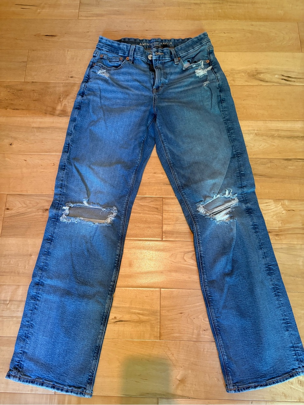 American Eagle Outfitters Blue Distressed Straight-Leg Jeans